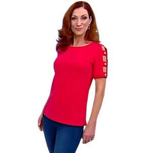 Dennis By Dennis Basso Luxe Crepe Top Size 2X Lattice Sleeve W/Button Trim